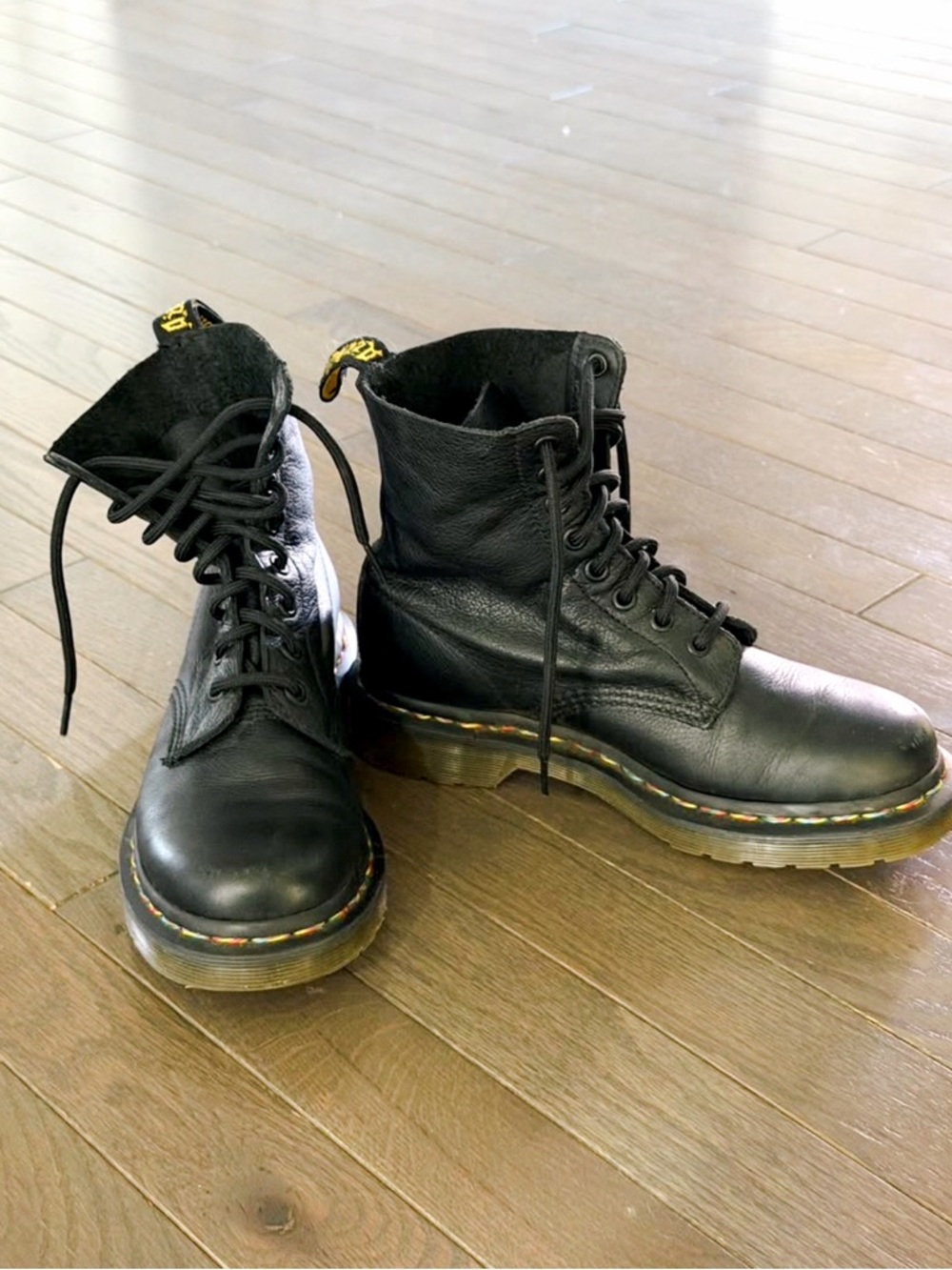 Dr Martens 1460 Black Leather Boots Rainbow Stitch Combat Boots
